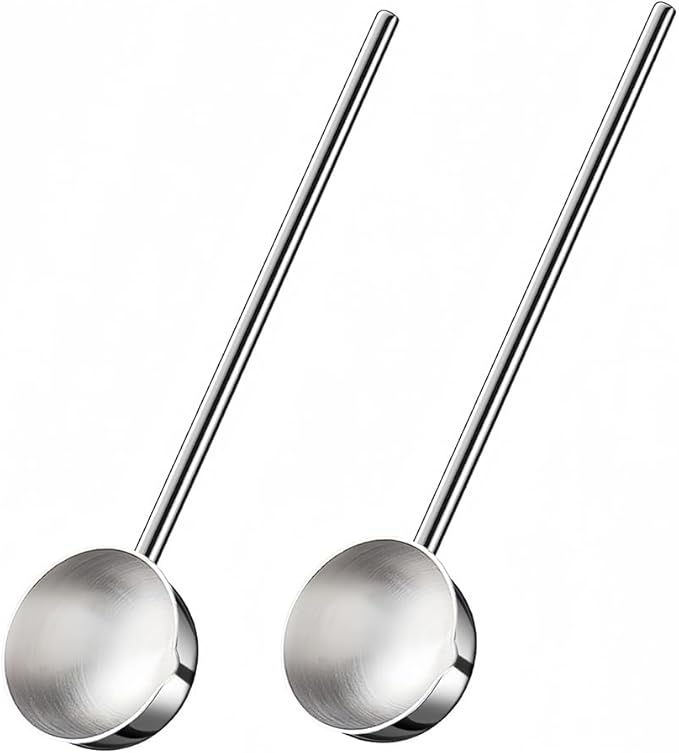 Small Soup Ladle SUS304 Stainless Steel Metal Deep Spoon With Pour Spout 2 oz Long Handle Gravy Ladles Heat-Resistant for Kitchen Cooking Serving Soups and Drizzle Sauces 2 Pack Set (10.5 inch)