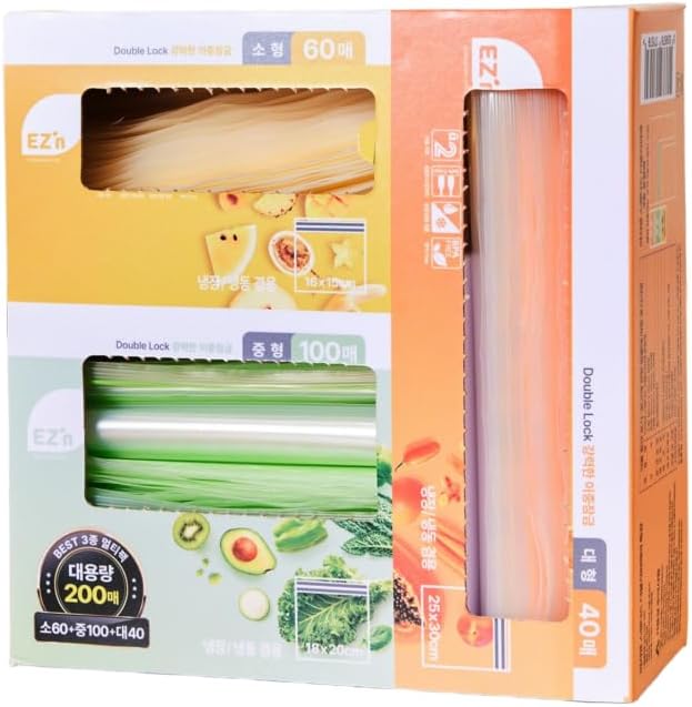 EZ'n Standard Double Zipper Food Storage Bags – Variety Pack, S,M,L Size, Durable, BPA-Free, Leakproof & Freezer Safe Resealable Plastic Bags - Made in Korea