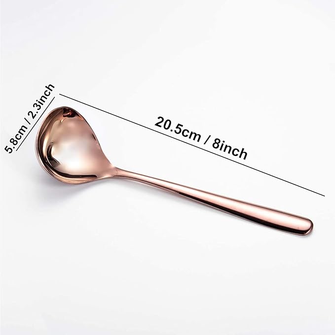 Comicfs Soup Ladle, 4 Pack Durable SUS 304 Stainless Steel with Polished Titanium Plated Big Volume Soup Spoon, Kitchen Gadget Utensil 8-Inch (Rose Gold)