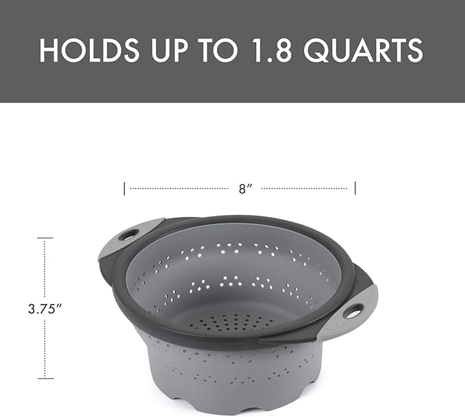 Dexas 8" Collapsible Silicone Colander in Cool Grey, Kitchen Strainer with Handles, 7.2 Cup Capacity | BPA-Free, Heat-Resistant, Space-Saving Kitchen Tool