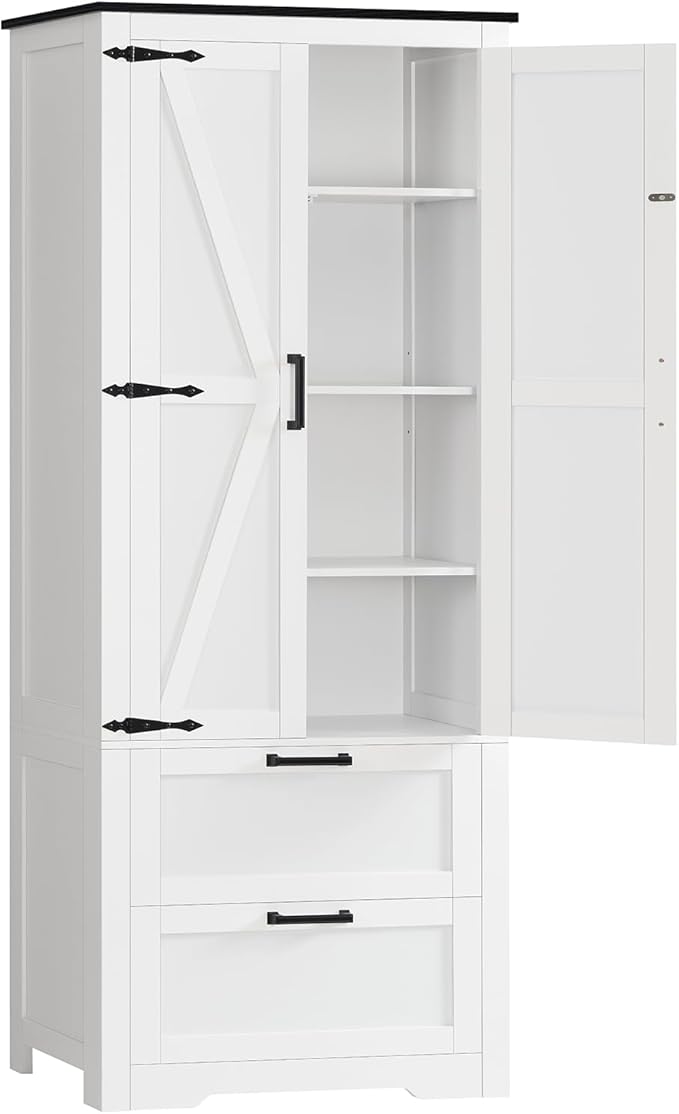 TEENFON 66.2" H Storage Cabinet with 2 Drawers, Farmhouse Kitchen Pantry Cabinet with 2 Doors & Adjustable Shelf, Bathroom Cabinet, for Living Room, Kitchen, Bathroom, White