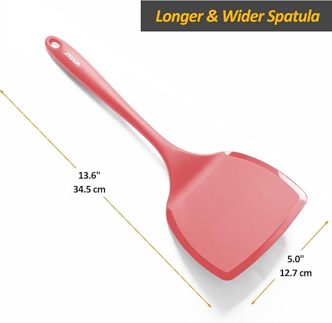 Silicone Pancake Spatula Turner with Lengthened Handle& Seamless Design, Heat Resistant Cooking Spatulas for Nonstick Cookware, Large Flexible Kitchen Utensils, Flipper for Egg, Pancake, Burger, Red