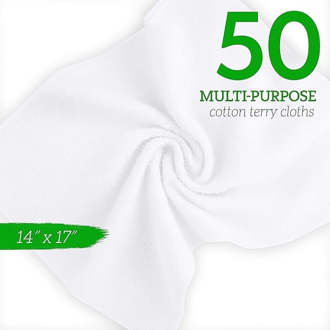 GREEN LIFESTYLE Cotton Wash Cloths 14" x 17" 50 Pack - Cleaning Rags, Bar Mop Towels, Absorbent Terry Cloth Rags, Reusable Kitchen Towels for Housekeeping, Restaurant and Home Use