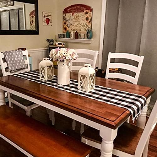 DUOBAO Buffalo Plaid Table Runner 14x108-Inches Black and White Checkered Tables Runners with Tassel Linen Christmas Decor Gingham TableRunner Rustic Farmhouse Style