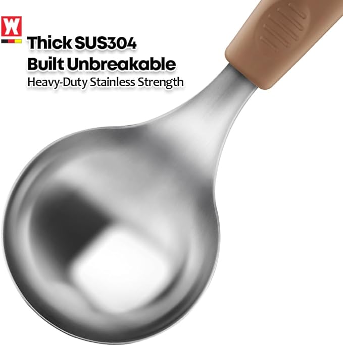 Short Stainless Steel Ladle 220mm (8.6”) – SUS304 Thick Deep Bowl Head with Soft-Grip Silicone Handle – Lightweight Mini Soup & Serving Spoon for Cooking – 5 Color Options (Brown)