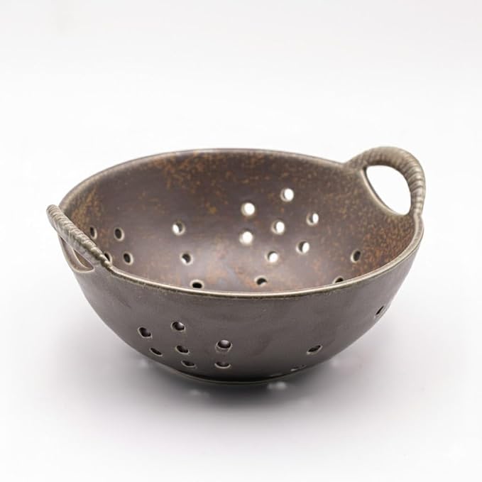 8" Ceramic Berry Colander with Handles, Reactive Glaze Fruit Washing Bowl, Rustic Stoneware Pasta Strainer for Kitchen (Charcoal Grey)