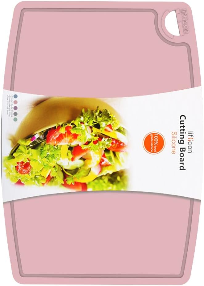 Liflicon Thick Silicone Cutting Board 12.6'' x 9.1'' Foldable & Flexible Design Juice Grooves Easy Grip Handle Dishwasher Safe-Soft Pink