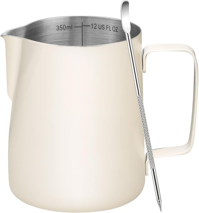 Amrules Milk Frothing Pitcher, 12oz Milk Frother Cup with Clear Scale, 304 Stainless Steel Cappuccino Espresso Machine Accessories for Barista Coffee Bar with Latte Art Pen, White
