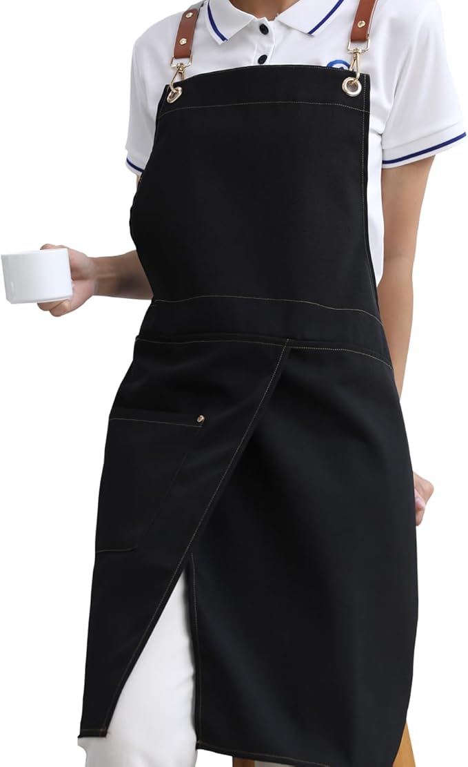 KITCHIEF Pottery Apron Split Leg,Cross Back Chef Apron with Pockets,Painting Apron with Adjustable Straps for Cooking,Baking,BBQ,Ceramic,Gardening(Black)