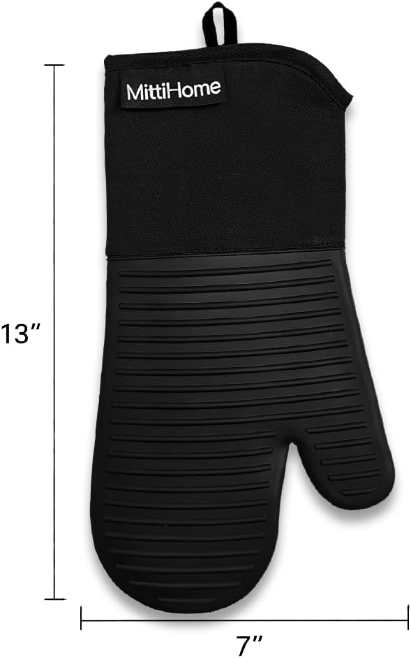 MittiHome™ Heat Resistant Oven Mitts (Set of 2) – 500°F Non-Slip Silicone Kitchen Gloves with Quilted Cotton Comfort (Black)