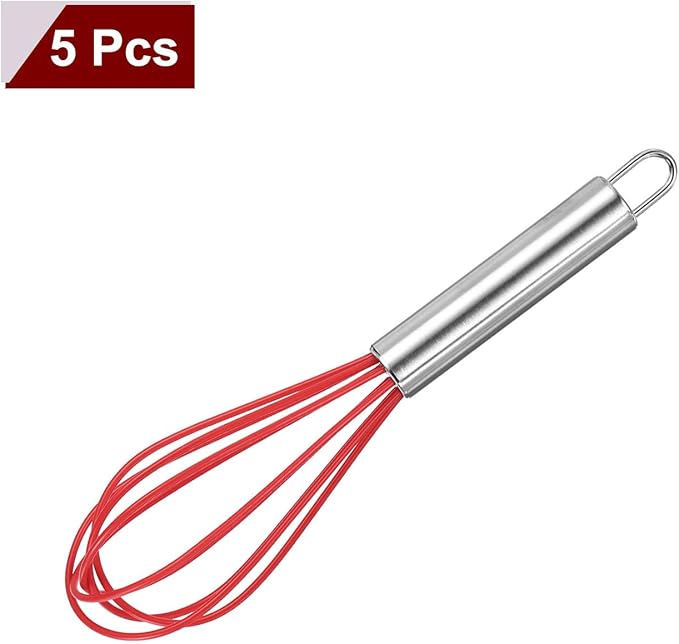 HARFINGTON 5Pcs Silicone Whisk 8" Kitchen Whisk Wire Whisks Beater with Stainless Steel Handle for Egg Milk Whisking Blending Beating & Stirring, Red