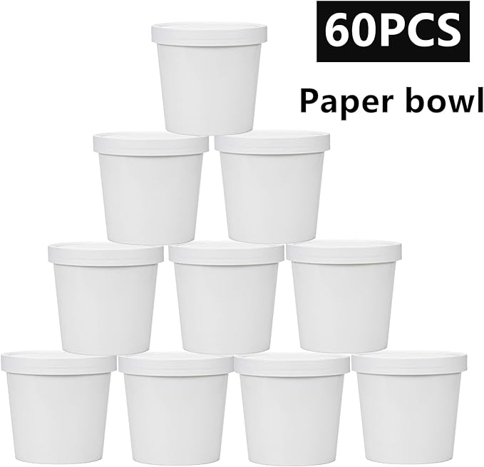 60 Pack 12 oz White Paper Ice Cream Cups with Lids, To Go Soup Containers Dessert Bowl, Microwave and Freezer Safe Food Storage Bowls for Parties, Christmas, Takeout, Picnics