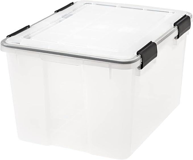IRIS USA WeatherPro 47 Qt Storage Bins with Lids, 2 Pack, BPA-Free Plastic Gasket Box with Tight Latch and Seal, Stackable Nestable Tote Tub - Clear/Black