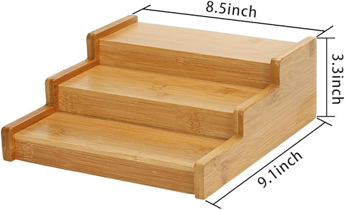 Lustiger Chef Spice Rack Organizer for Cabinet, Expandable Natural Bamboo Desk Shelf, 3-Tier Adjustable Spice Rack, Storage and Seasoning Shelf Organizer for Kitchen Countertop Pantry Tabel