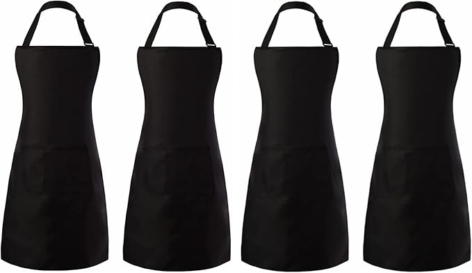 Tosewever 4 Pack Adjustable Bib Apron Waterdrop Resistant Apron with Pocket, Cooking Kitchen Restaurant Aprons for Women Men Chef, BBQ Drawing Crafting Outdoors (Polyester-Black, 4)