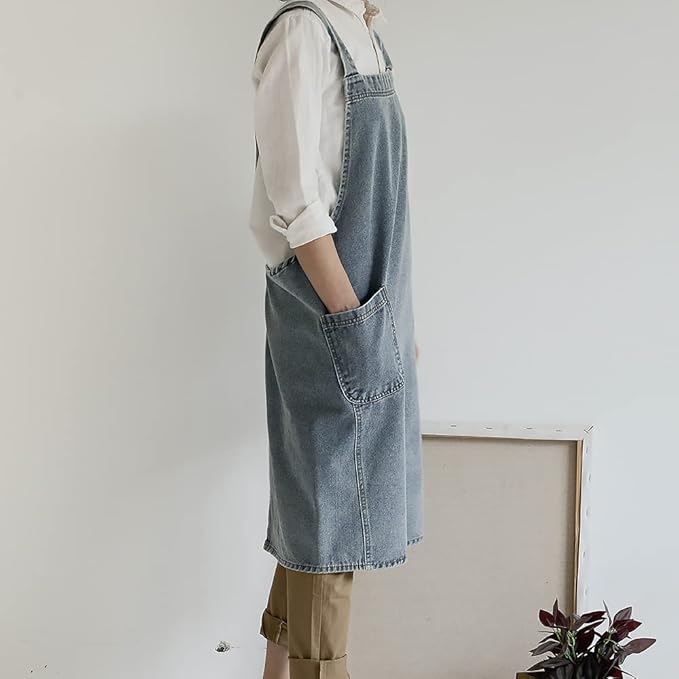Denim Apron with Large Pockets for Cooking Kitchens, Gardening Aprons for Women Men, Bib Jean Apron for Arts Cafe Work (Style B, Light Blue)