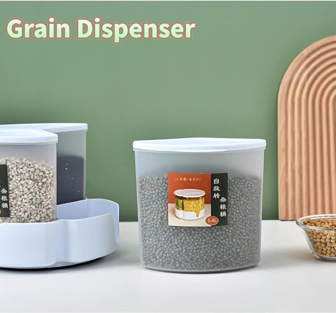 Grain Dispenser,360° Rotating Grain Storage Food Dispenser,3 Compartment Sealed Dry Food Container for Kitchen Counter Storage Organization