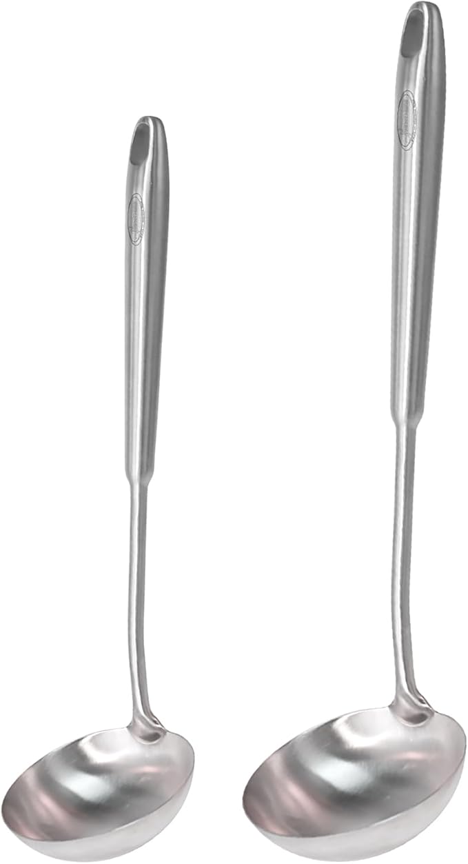 Newness 2 Pack Soup Ladle, [Rustproof, Heat Resistance, Integral Forming] Resilient 304 Stainless Steel Soup Spoon with Vacuum Ergonomic Round Handle, Cooking Spoon for Kitchen, 13.7 and 11.6 Inches