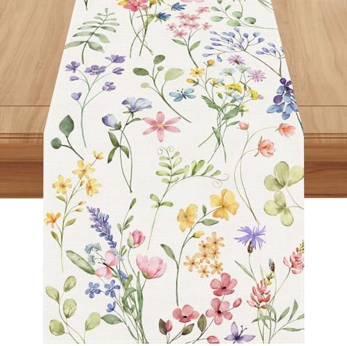 Watercolor Flowers Spring Table Runner Spring Summer Easter Flower Floral Home Kitchen Dining Room Table Decorations 13x72 Inch