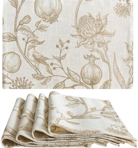 JINCHAN Linen Floral Placemats Set of Cloth Table Mats Rustic Cottagecore Botanical Outdoor Seasonal for Kitchen Dining Decor Heat Resistant Non-Slip Washable Tablemats 13x19 Inch Tan