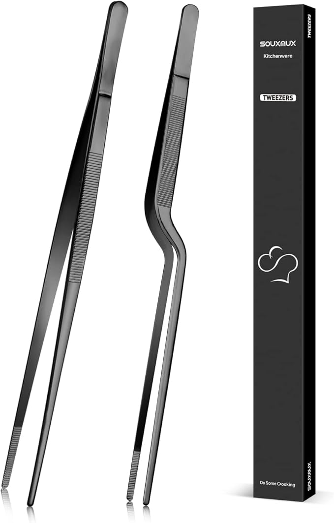 SouxMux 12-inch Cooking Tweezer and Offset Tweezer Set, Tongs with Serrated Tips, Stainless Steel, Black, 2pcs