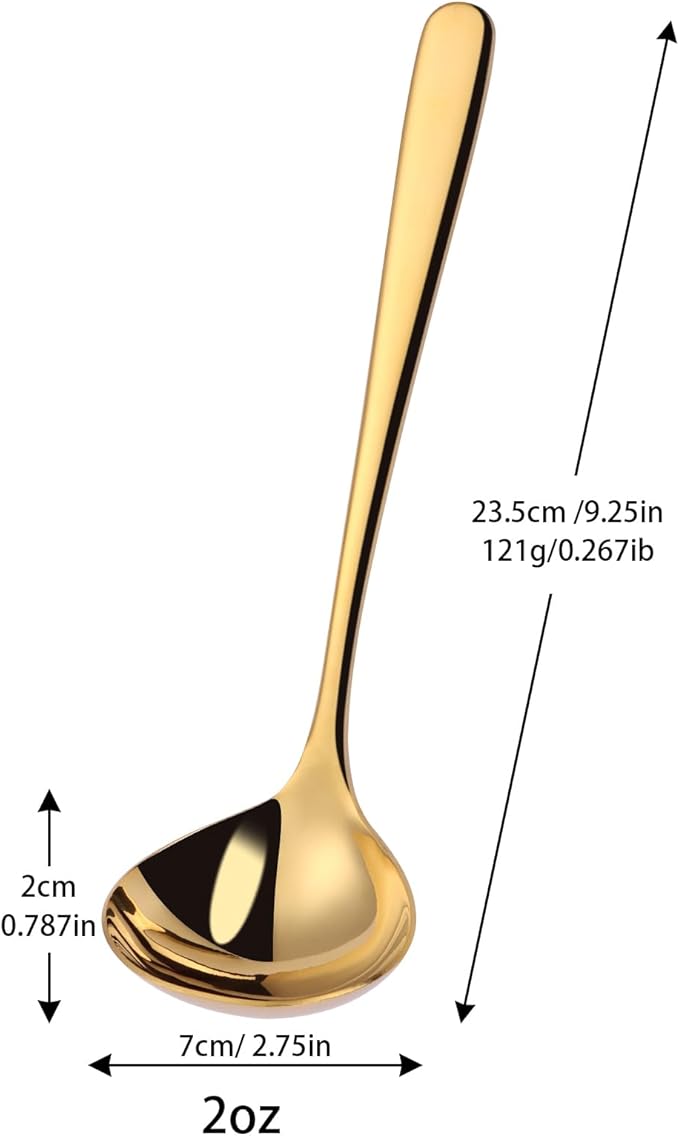 9.5 Inch Gold Ladle Spoons SUS304 Stainless Steel Soup Ladle 2 oz. Gravy Sauce Kitchen Ladle for serving(Set of 2)