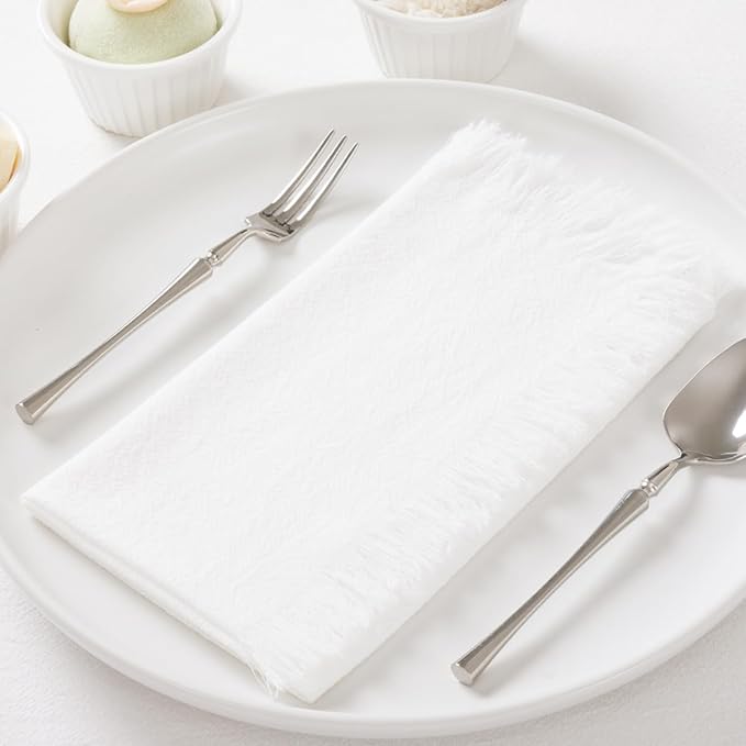 DeZerlor 6 Pack Ivory White Cotton Linen Napkins with Fringe Spring Cloth Napkins Set of 6 Boho Handmade Dinner Napkins Bulk for Wedding Bridal Baby Shower Parties, 17 x 17 Inches