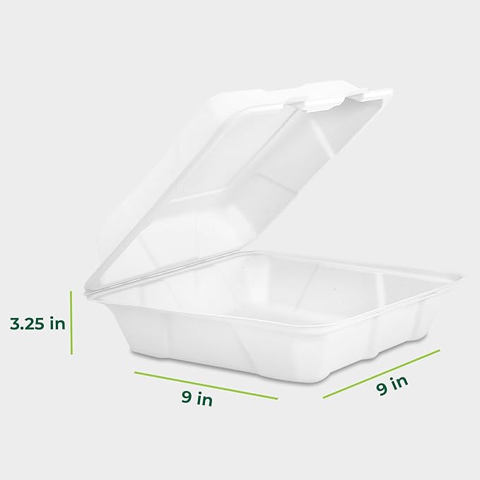 Freshware Compostable 9x9" Clamshell Take Out Food Containers [50-Pack] - Biodegradable Sugarcane To Go Boxes - Paper Food Container - Microwave & Freezer Safe, Stackable