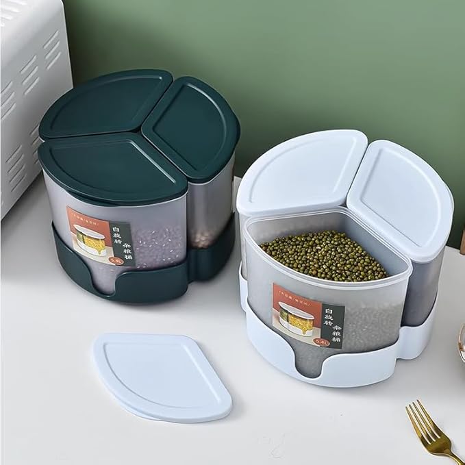 Grain Dispenser,360° Rotating Grain Storage Food Dispenser,3 Compartment Sealed Dry Food Container for Kitchen Counter Storage Organization