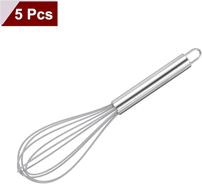 HARFINGTON 5Pcs Silicone Whisk 10" Kitchen Whisk Wire Whisks Beater with Stainless Steel Handle for Egg Milk Whisking Blending Beating & Stirring, Grey