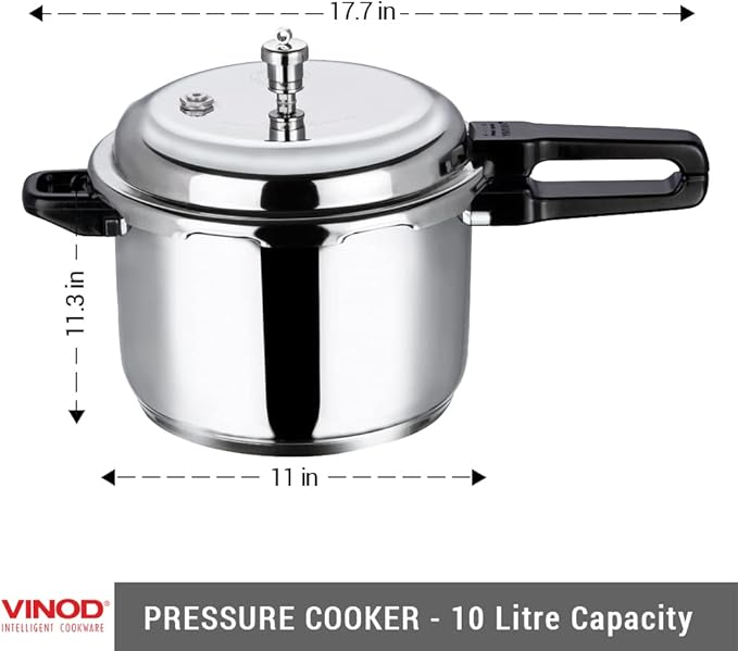Vinod Pressure Cooker Stainless Steel – Outer Lid - 10 Liter – Induction Base Cooker – Indian Pressure Cooker – Sandwich Bottom – Best Used For Indian Cooking, Soups, and Rice Recipes, Quinoa