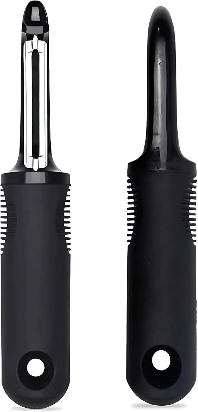 Swivel Vegetable Peeler with Non-Slip Ergonomic Handle, Rust-Proof Steel Blades, Built-in Potato Eye Remover, Plastic Blade Guard, Kitchen Peeler for Potato, Carrot, Apple, Veggie, Fruit, Black
