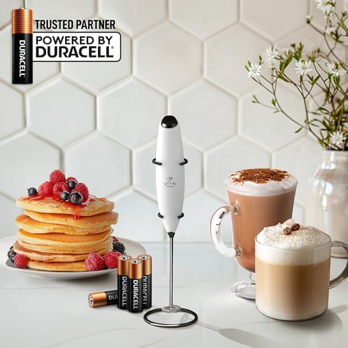 Zulay Kitchen Powerful Milk Frother Wand With 4 AA Duracell Batteries - Ultra Fast Handheld Drink Mixer - Electric Whisk Foam Maker for Coffee, Lattes, Cappuccino, Matcha & Creamer - White & Black