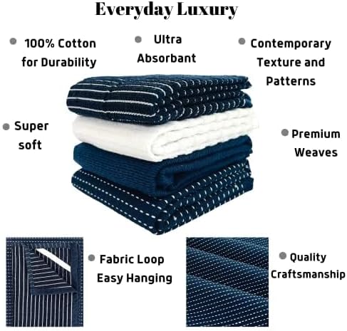 Oversized White Dark Navy Blue Kitchen Towels: 100% Cotton Soft Absorbent Assortment Ribbed Terry Loop, Set of 4 Multipurpose for Everyday Use (Navy Blue)