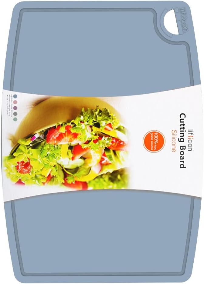 Liflicon Thick Silicone Cutting Board 12.6'' x 9.1'' Foldable & Flexible Design Juice Grooves Easy Grip Handle Dishwasher Safe-Light Blue