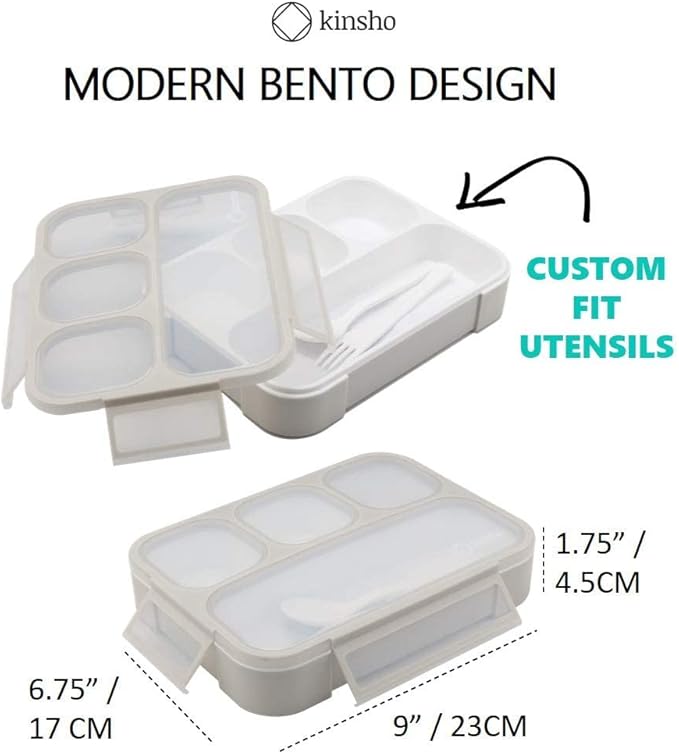 kinsho Bento Lunch Box Container for Kids Adults, Portion Control Meal Prep and Snack Containers, Japanese Style Boxes with 4 Compartments for Boys Girls Teens, School Work and Travel | Gray