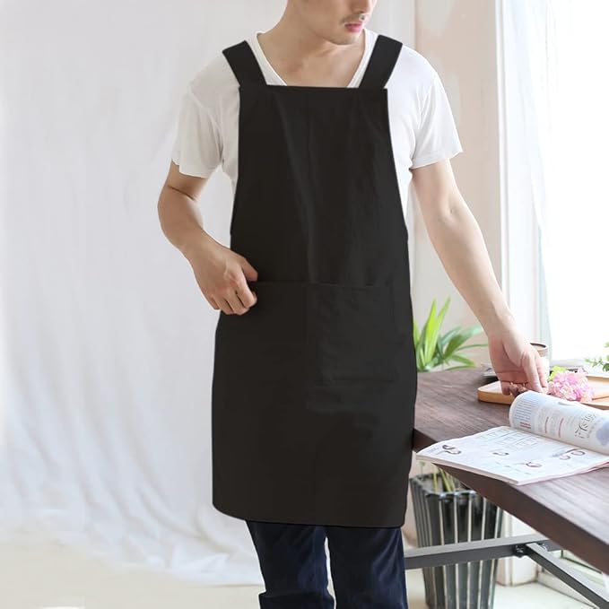 NEWGEM Japanese Cotton Linen Cross Back Cooking Apron for Women Men with Pockets Cute for Baking Kitchen