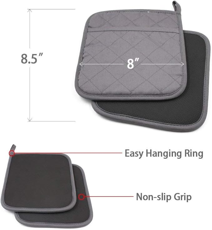 2Pcs Cotton and Neoprene Oven Pads Pot Holders with Pocket 8"x8.5" Dual-Function Hot Pad Set for Finger Hand Wrist Protection Heat Resistant to 428°F,Gray