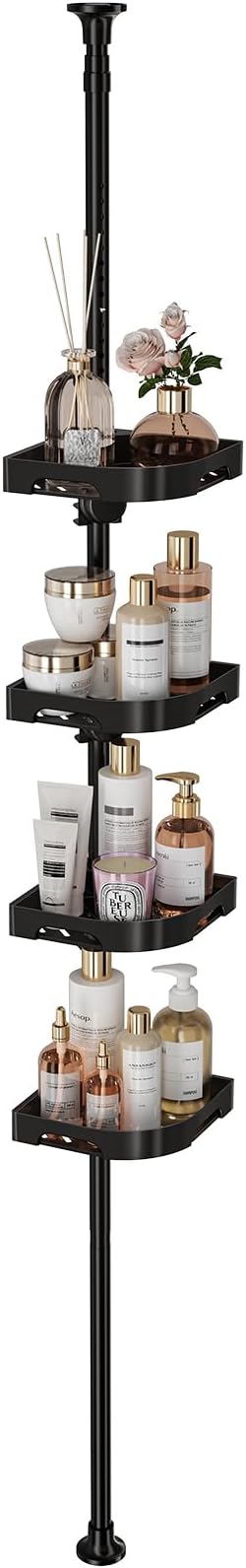 akinbas Tension Pole Shower Caddy Organizer with4 Tier L-Shaped Rust Resistant Bathroom Corner Shelves with 34-124 Inch Adjustable No Drilling Quick Install Shower Rack for Bath Essentials (Black)