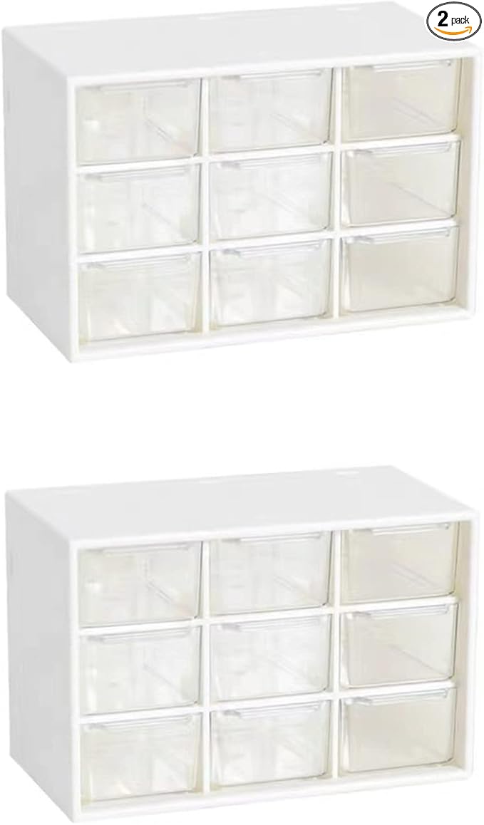 Feadily 2PCS Small Drawer Organizer for Desk, Desktop Drawer Organizer with 9 Clear Drawers, Plastic Desktop Storage Drawers 7.1 Inch x 3 .9 Inch x 4.7 Inch, White
