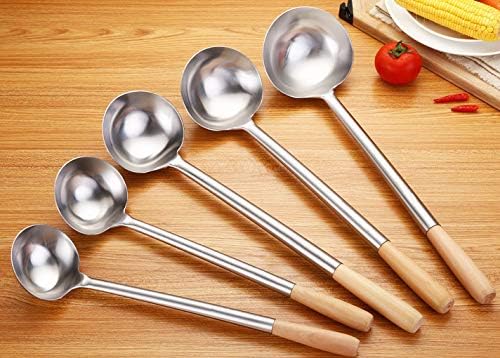 Tenta Kitchen Professional Large Stainless Steel Serving Ladle Spoon - Gravy Ladle Soup Spoon For School Canteen,Hotel Kitchen,Restaurant (Wooden Handle Ladle)