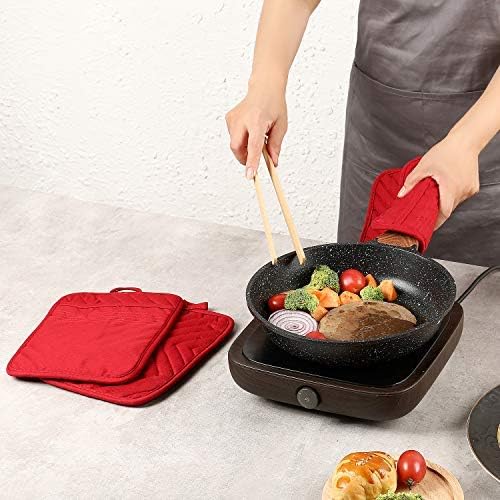 Oven Pot Holder with Pocket Cotton Heat Resistant Coaster Potholder Kitchen Hot Pad Oven Mitts for Cooking Square 7"x9"Set of 5 (Red)