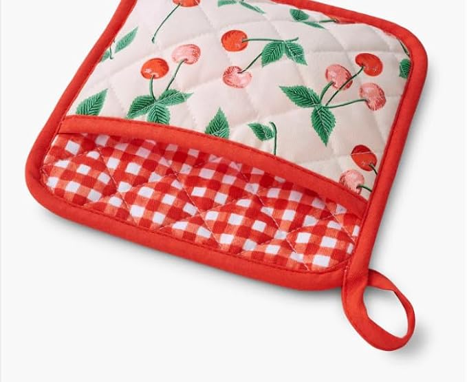 RIFLE PAPER CO. Pot Holder, Digitally Printed Cherry Pattern with Contrast Piping, Quilted Diamond Construction, Corner Loop for Hanging, Hand Slot, 8" W x 8" L