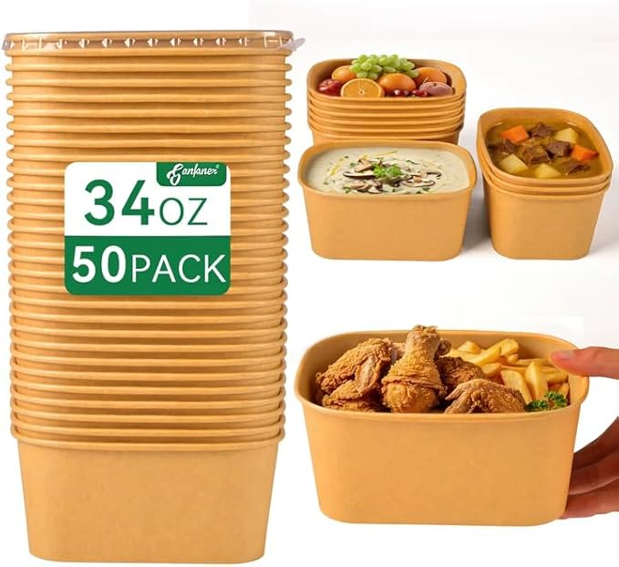 34 OZ Disposable Bowls, 50 Sets Square Kraft Paper Salad Bowls with Lids, Oil-Proof Soup Bowls Microwave Freeze, Perfect for Disposable Meal Prep Food Container Takeout