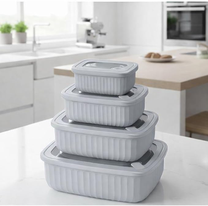 Set of 4 BPA Free Food Storage Containers with Vented Lids Assorted Sizes, Microwave & Freezer Safe, Leftovers, Meal Prep, Fridge Organization Dry Grains Storage (Light Gray)