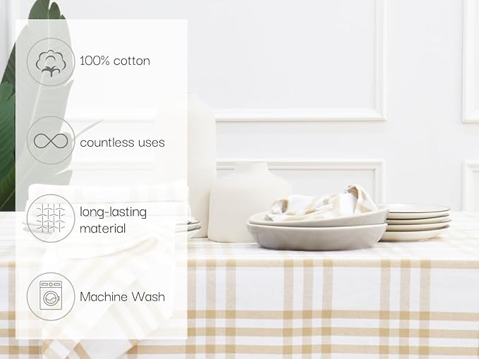 PurpleEssences Homestead Plaid Cloth Napkins - Mitered Corners - Spring Easter Summer - Check Dinner Napkin - Set of 12-100% Cotton - 18x18 Inch - Reusable Washable - Beige and White
