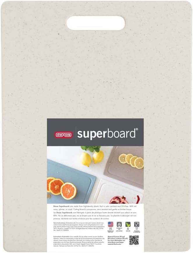 Dexas Superboard Cutting Board with Handle 11 x 14.5 inch Oatmeal Granite, Kitchen Prep Board, Dishwasher Safe, Non-Porous Poly Surface, Made in USA