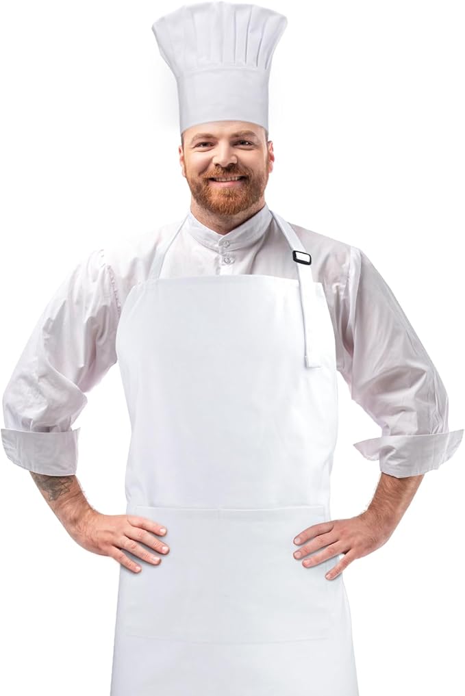 Chef Apron and Hat set, 2 Pockets Adjustable Cotton Kitchen Cooking Bib Apron, Baker Costume for Men Women