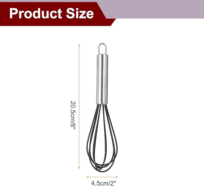 HARFINGTON 5Pcs Silicone Whisk 8" Kitchen Whisk Wire Whisks Beater with Stainless Steel Handle for Egg Milk Whisking Blending Beating & Stirring, Black