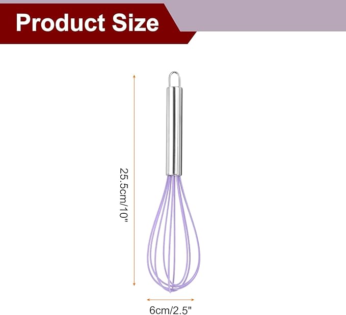HARFINGTON 5Pcs Silicone Whisk 10" Kitchen Whisk Wire Whisks Beater with Stainless Steel Handle for Egg Milk Whisking Blending Beating & Stirring, Purple
